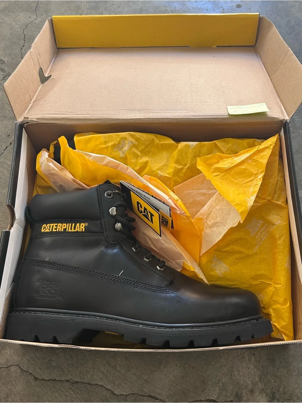 Caterpillar Black Leather Work Boots with Yellow Logo